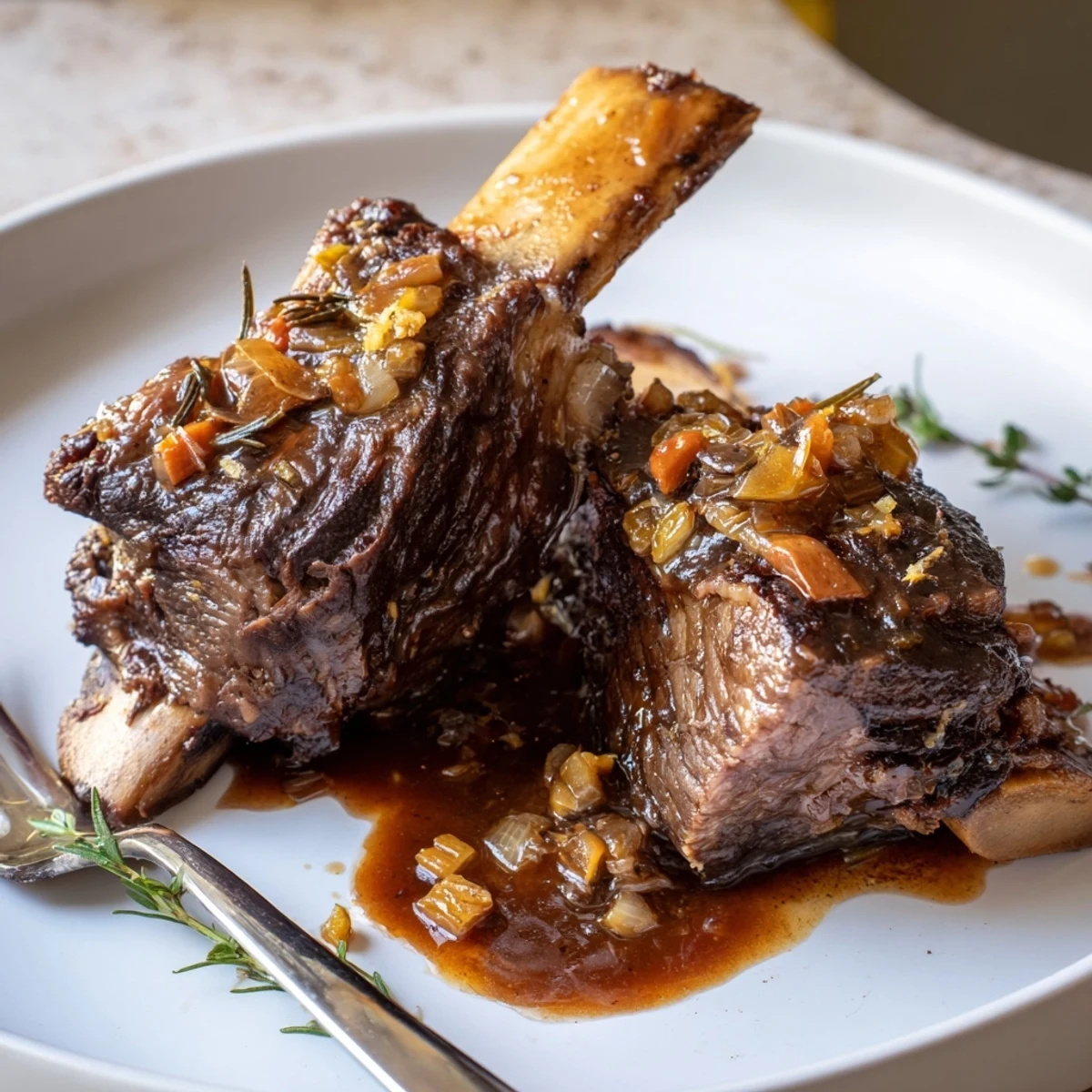 Steaming plate of mashed potatoes topped with Slow Cooker Beef Short Ribs