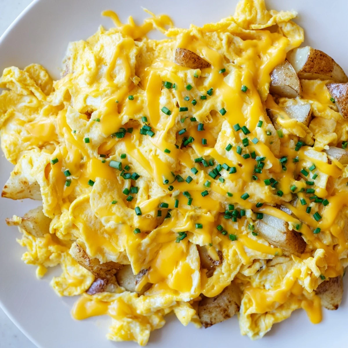 Golden cheesy potato egg scramble plated with fluffy eggs and melted cheddar