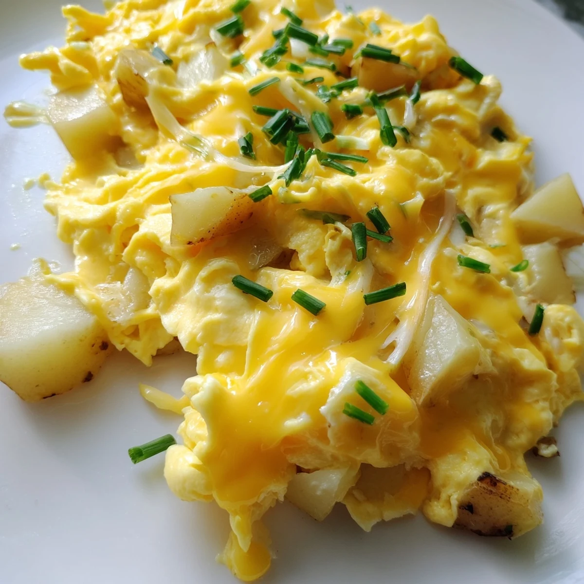 Hearty breakfast skillet with soft scrambled eggs potatoes and gooey melted cheese