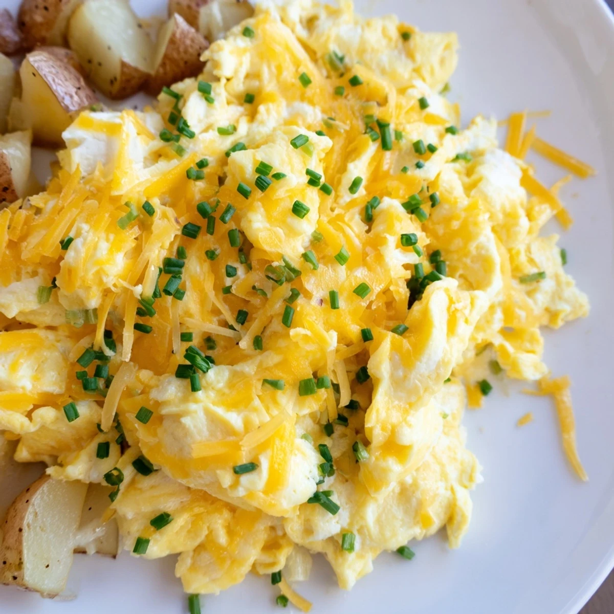 Comforting cheesy potato egg scramble garnished with fresh chives on a white plate