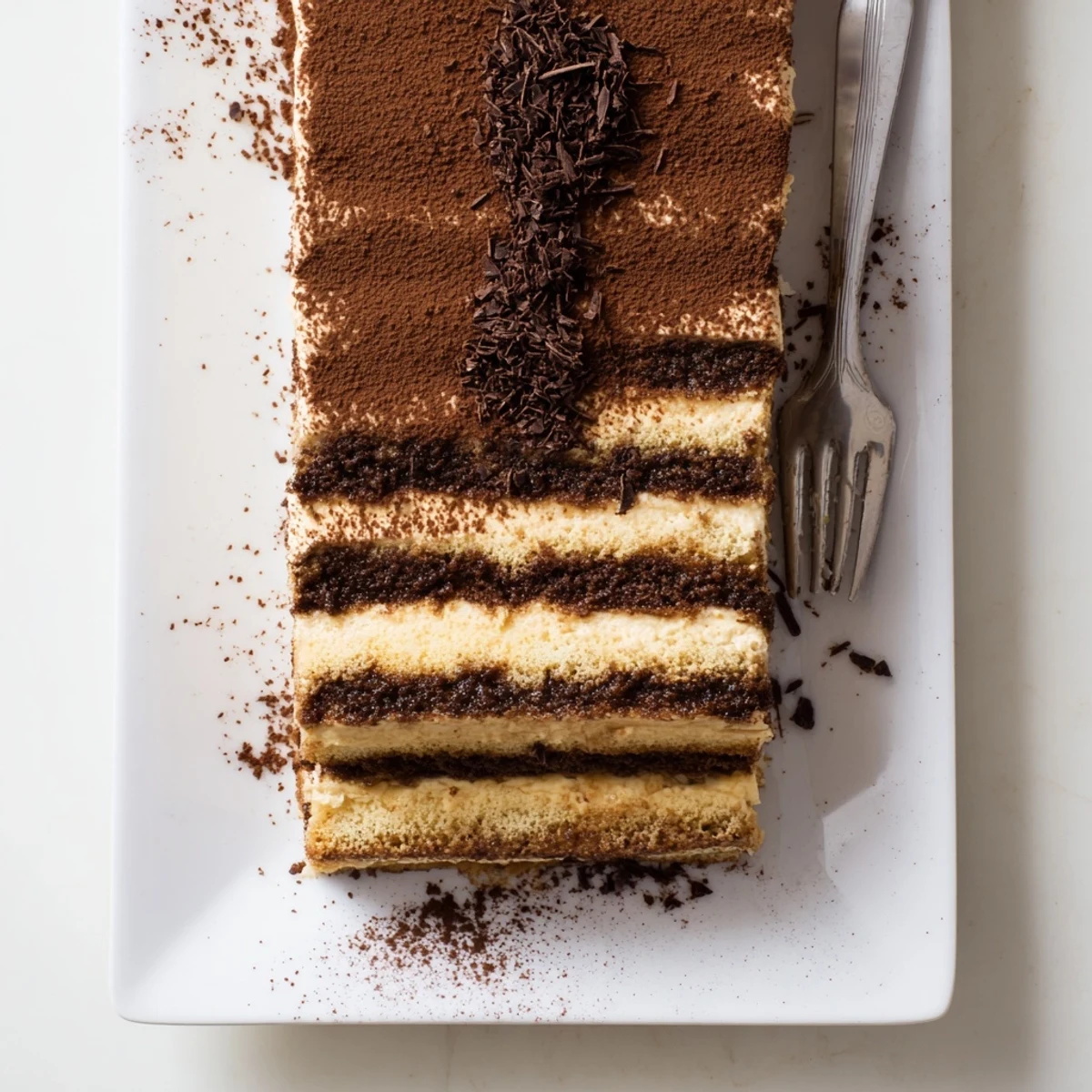 Homemade tiramisu recipe with coffee-dipped ladyfingers and velvety mascarpone cream topped with dark chocolate shavings