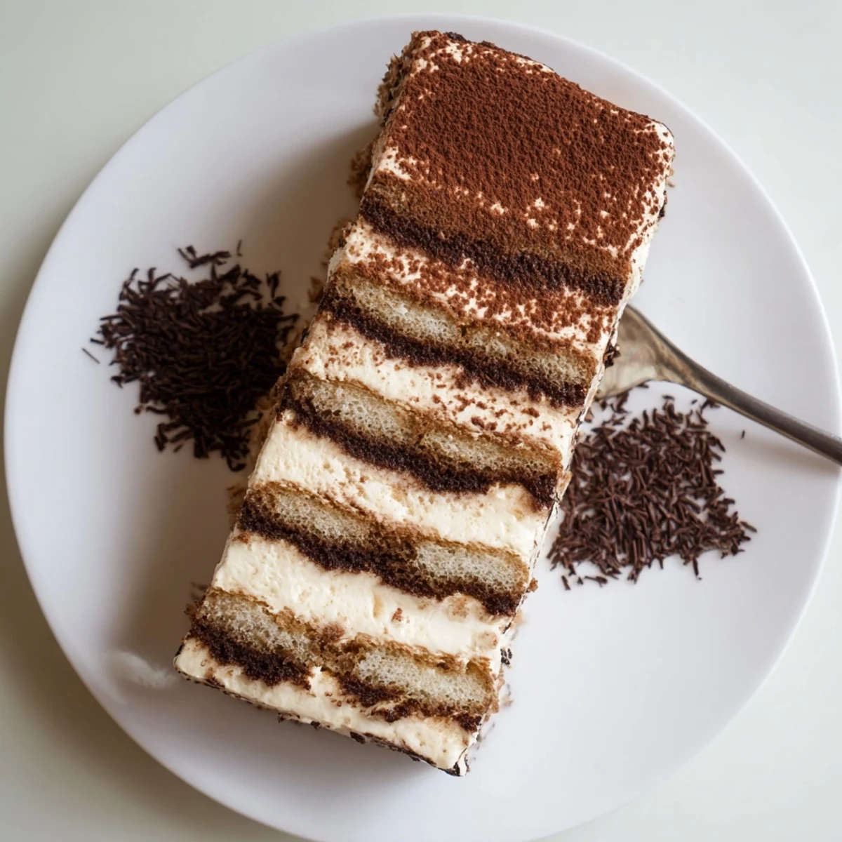Italian tiramisu recipe showing layered dessert with coffee-infused ladyfingers and whipped mascarpone cream under cocoa dusting