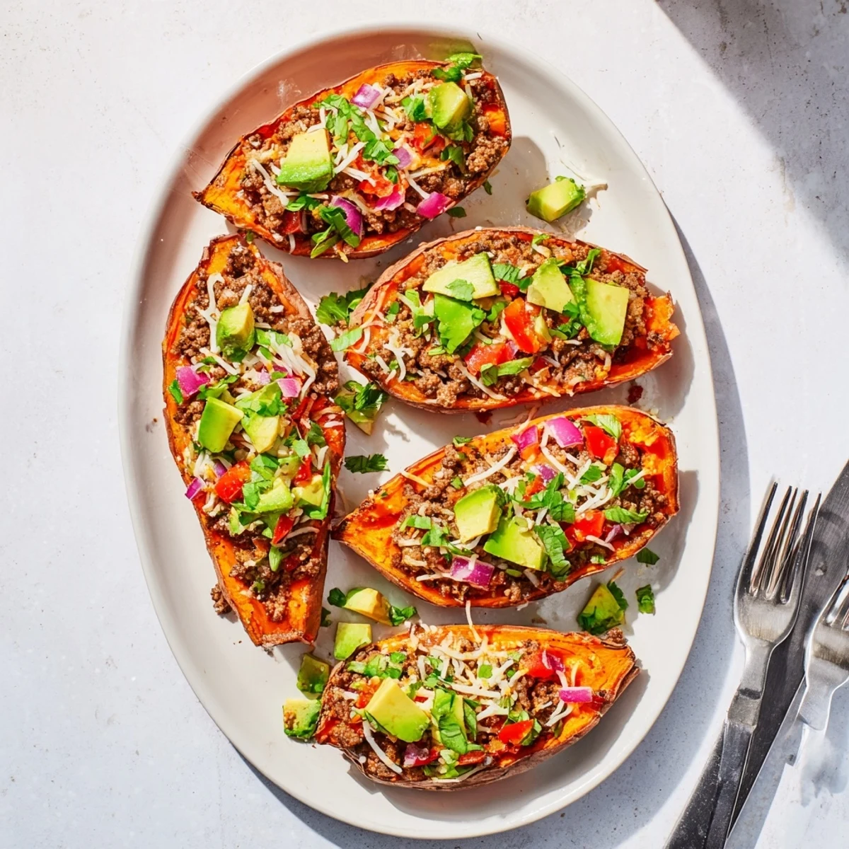 Golden roasted sweet potato boats overflowing with spicy hot honey ground beef and fresh garnishes