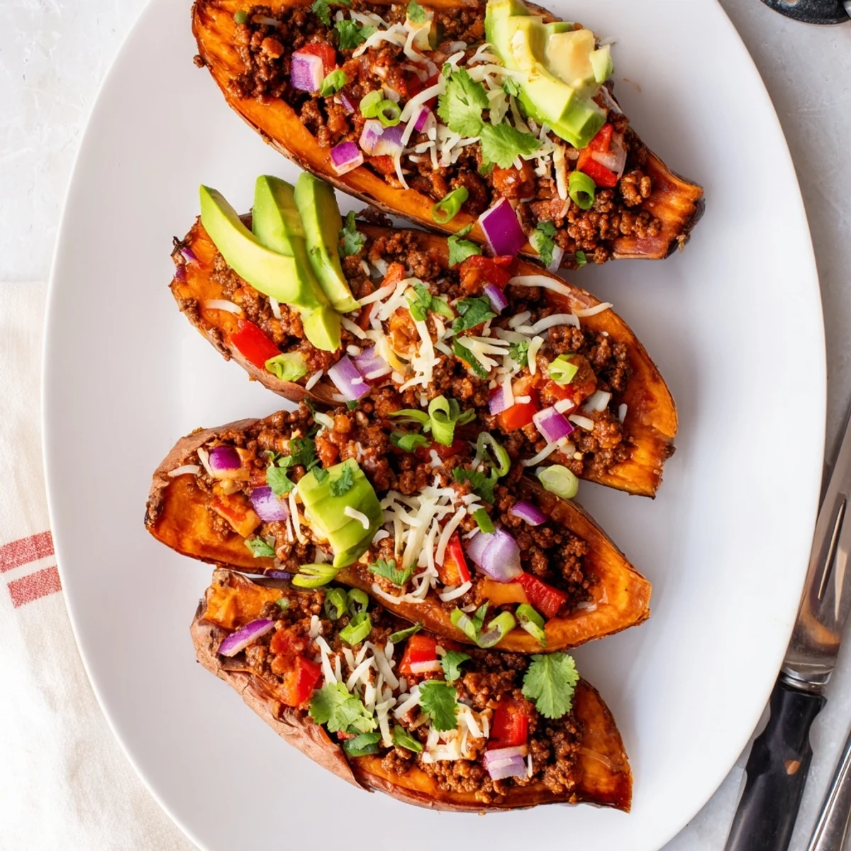 Whole roasted sweet potatoes stuffed with savory glazed beef mixture topped with cheese and cilantro