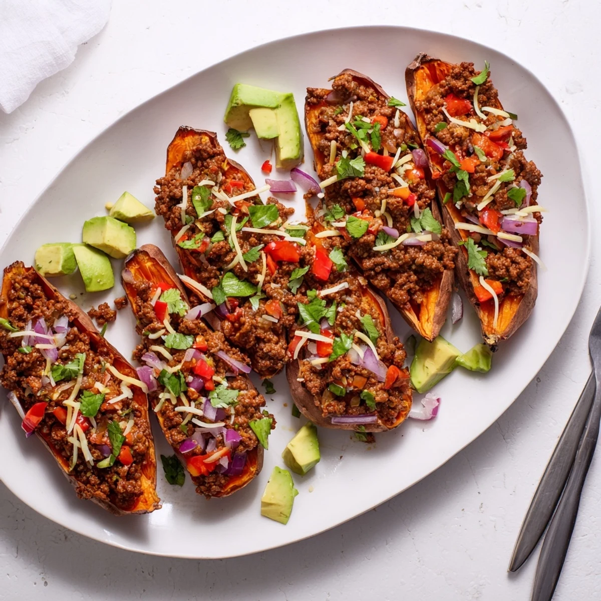 Fluffy baked sweet potato halves filled with sweet-spicy ground beef and colorful vegetable toppings