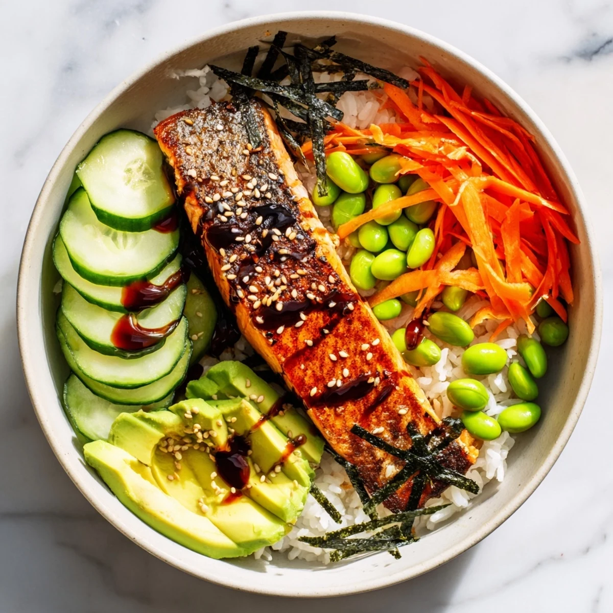 Wholesome crispy salmon and rice bowl arranged with steamed edamame, sliced scallions, and toasted sesame seeds