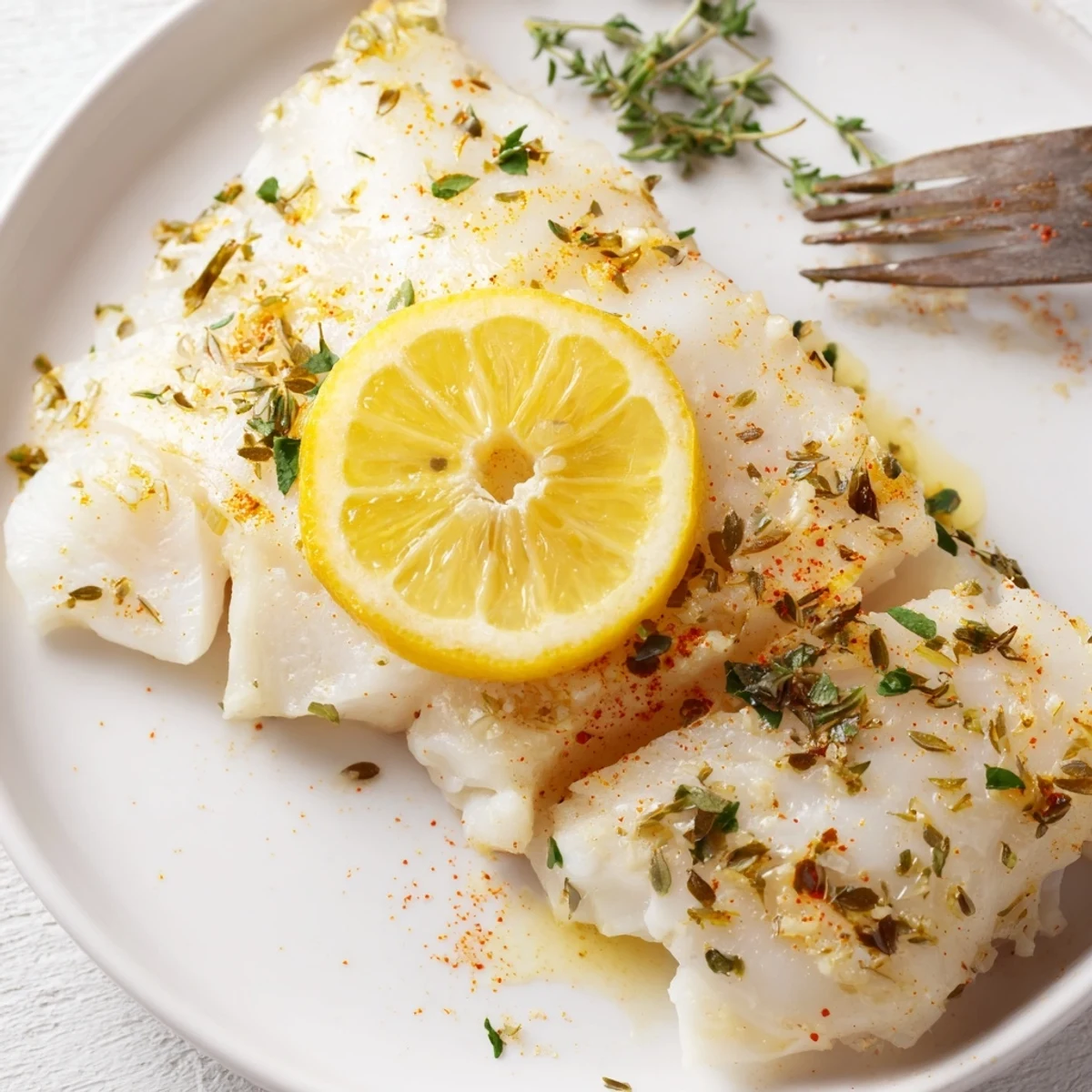 Golden baked cod fillets with fresh herbs, lemon slices, and garlic on a white baking dish