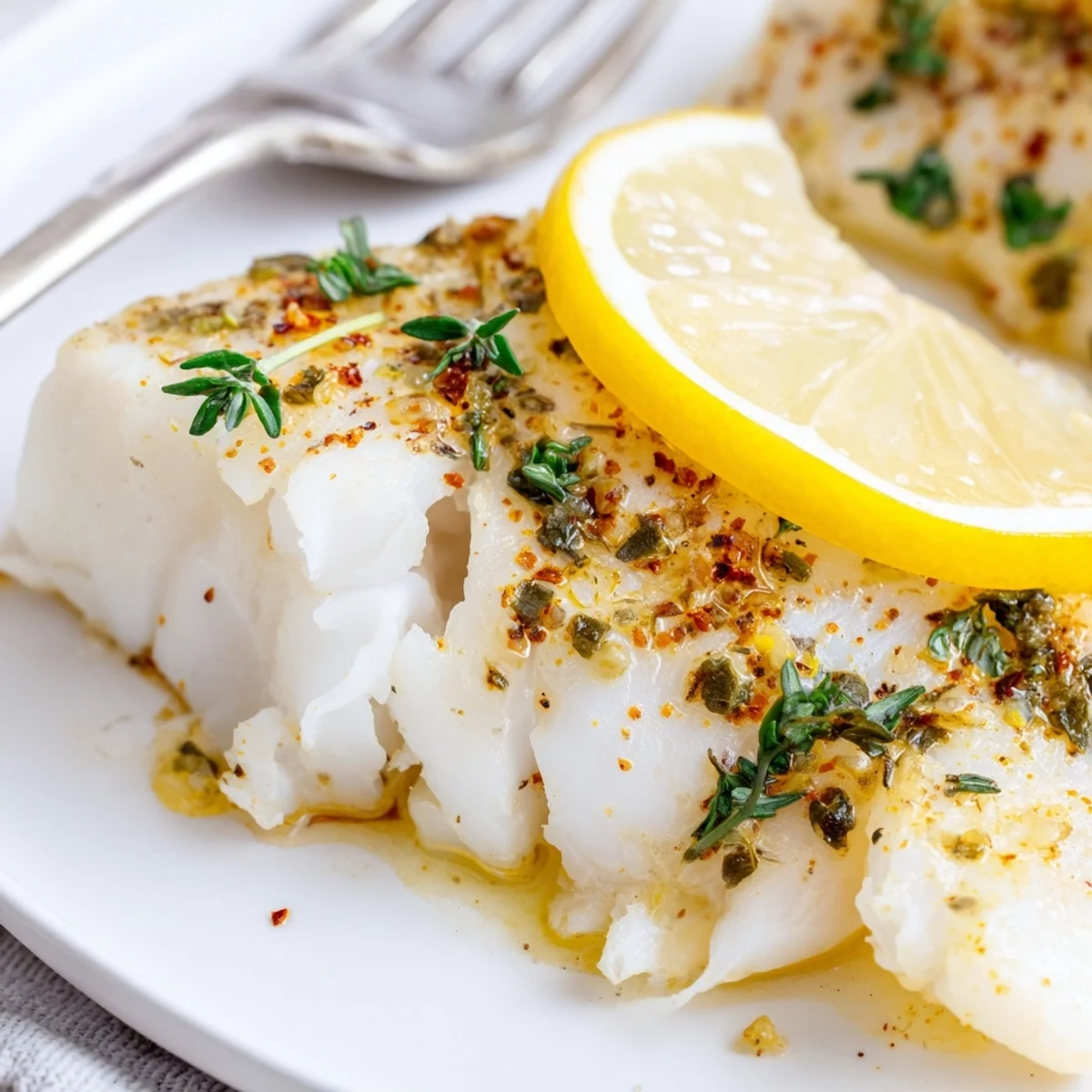 Perfectly baked white cod fillets glistening with olive oil and lemon juice, ready for dinner