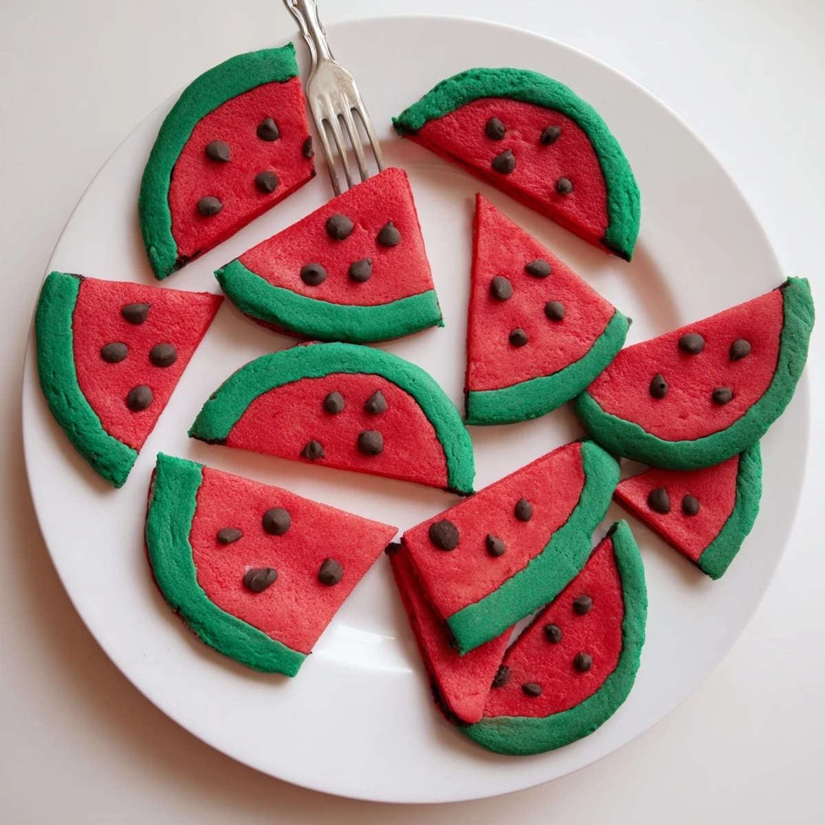 Freshly baked watermelon slice cookies arranged on a wooden serving board for summer parties.