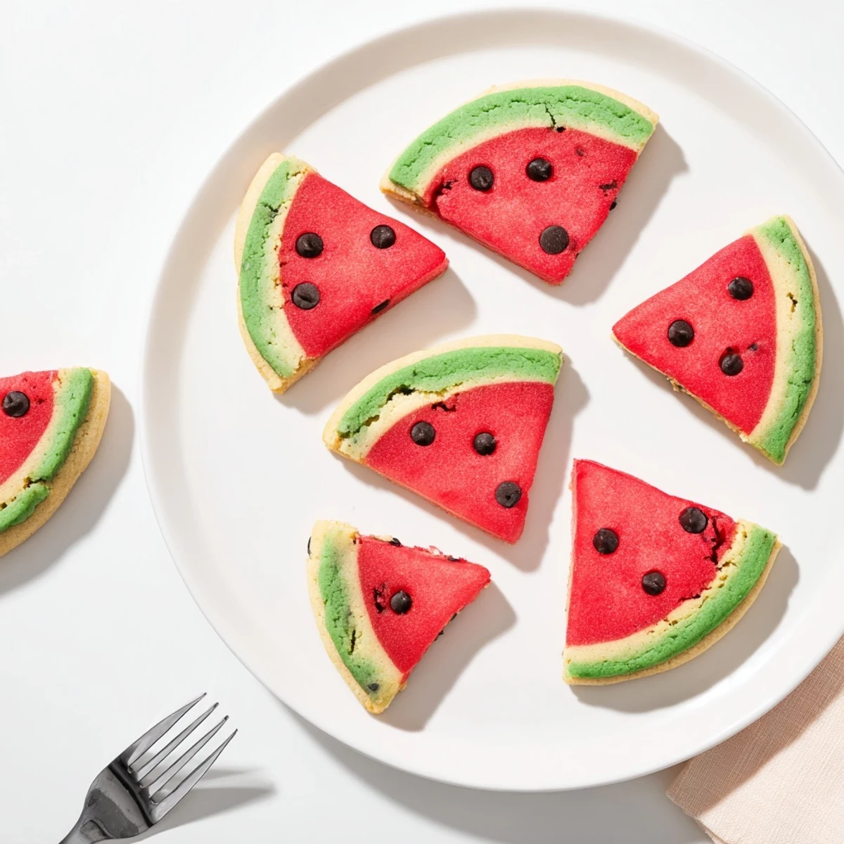 Watermelon slice cookies with red centers, green rinds, and chocolate chip seeds on a white plate.