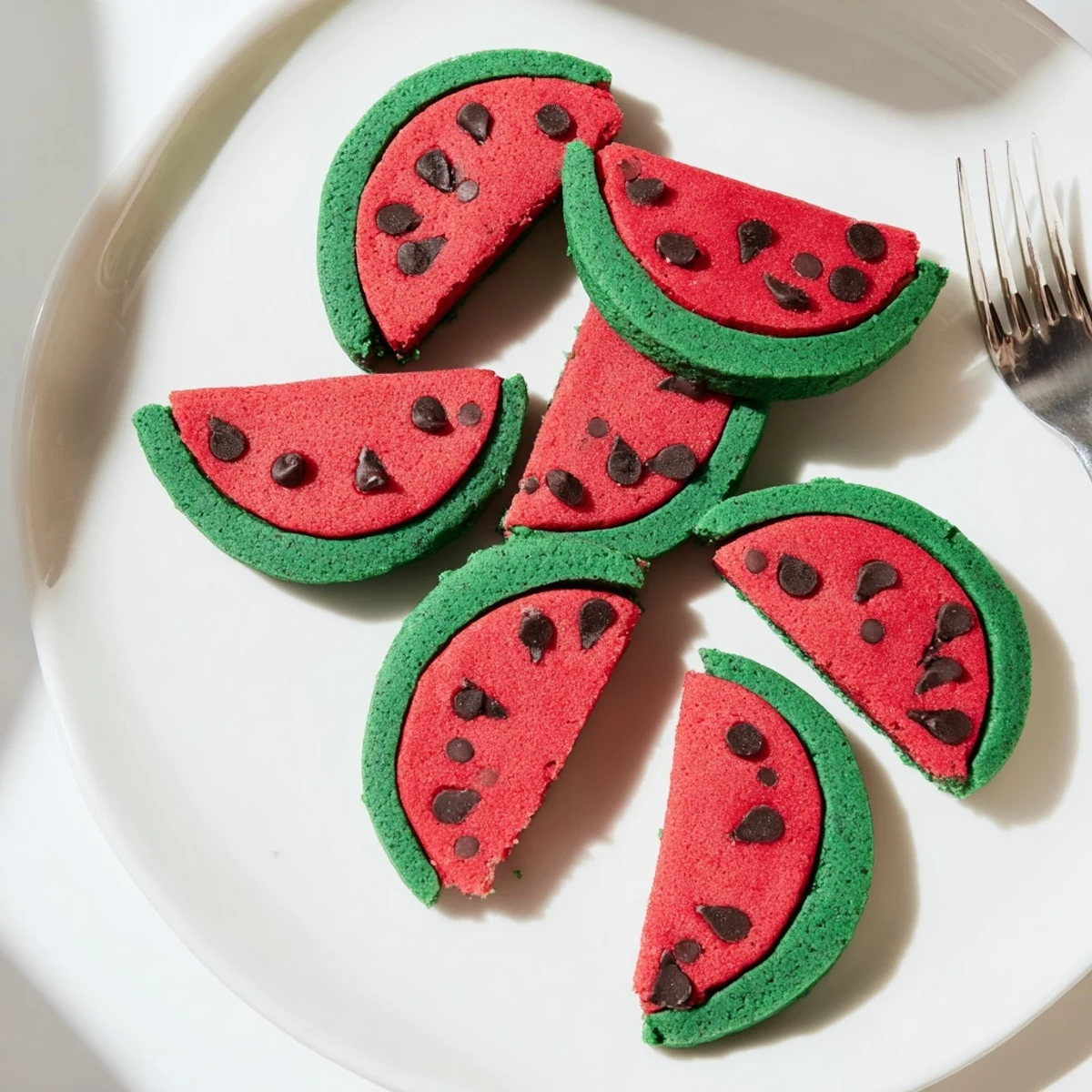 Red and green watermelon slice cookies with mini chocolate chip seeds cooling on a wire rack.