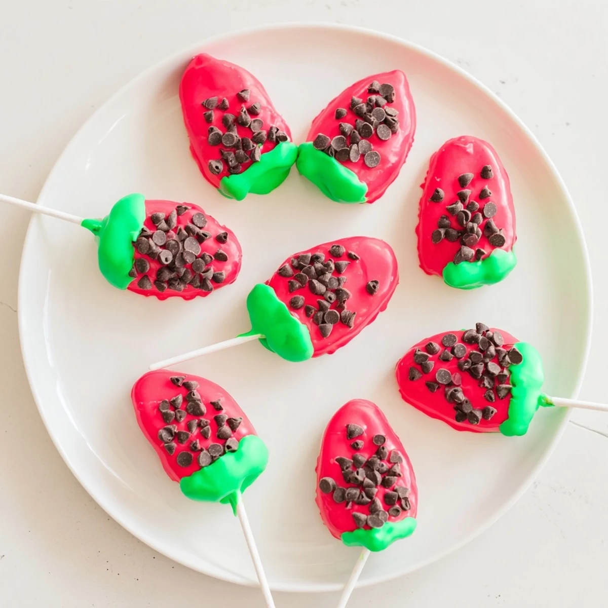 Watermelon cake pops on lollipop sticks decorated with pink coating and green rind
