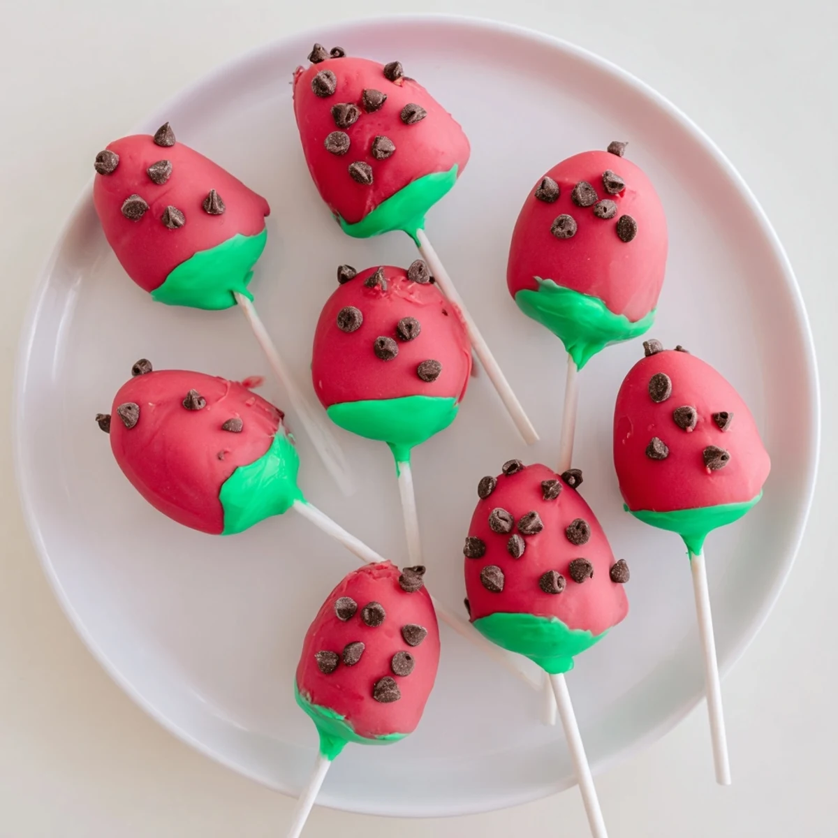 Summer dessert table displaying watermelon cake pops with chocolate chip seeds and green candy coating