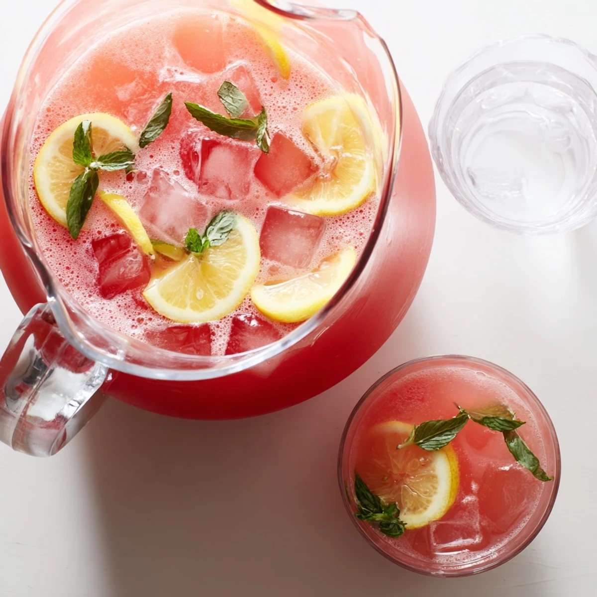 Pink watermelon lemonade in a glass pitcher garnished with fresh lemon slices and mint sprigs on ice