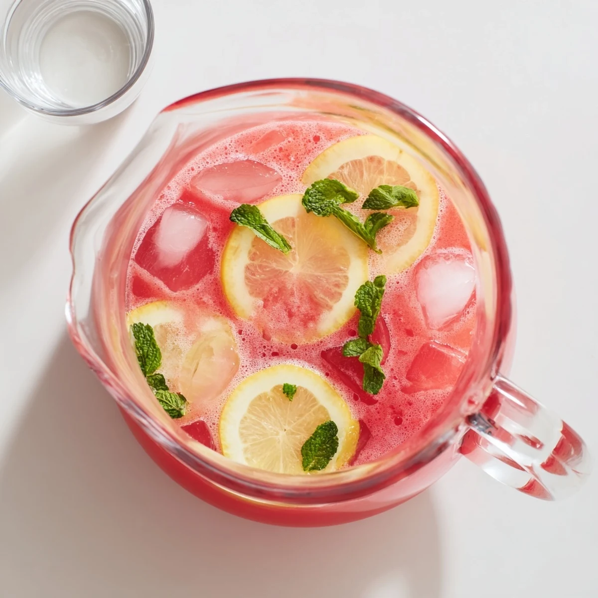 Summer watermelon lemonade beverage displayed in clear glass with vibrant pink color and fresh mint topping