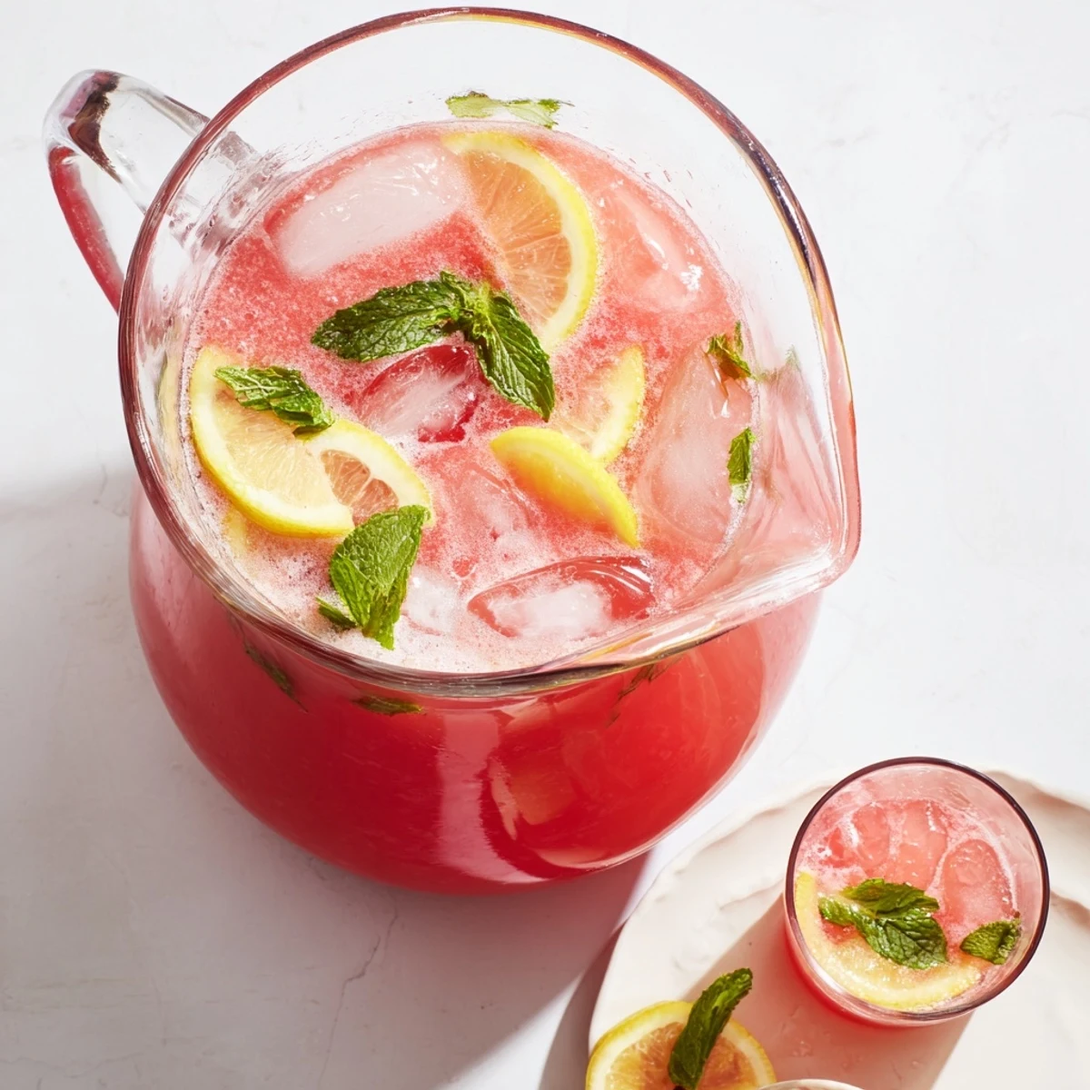 Refreshing watermelon lemonade recipe poured over ice with floating watermelon chunks and lemon wheel garnish