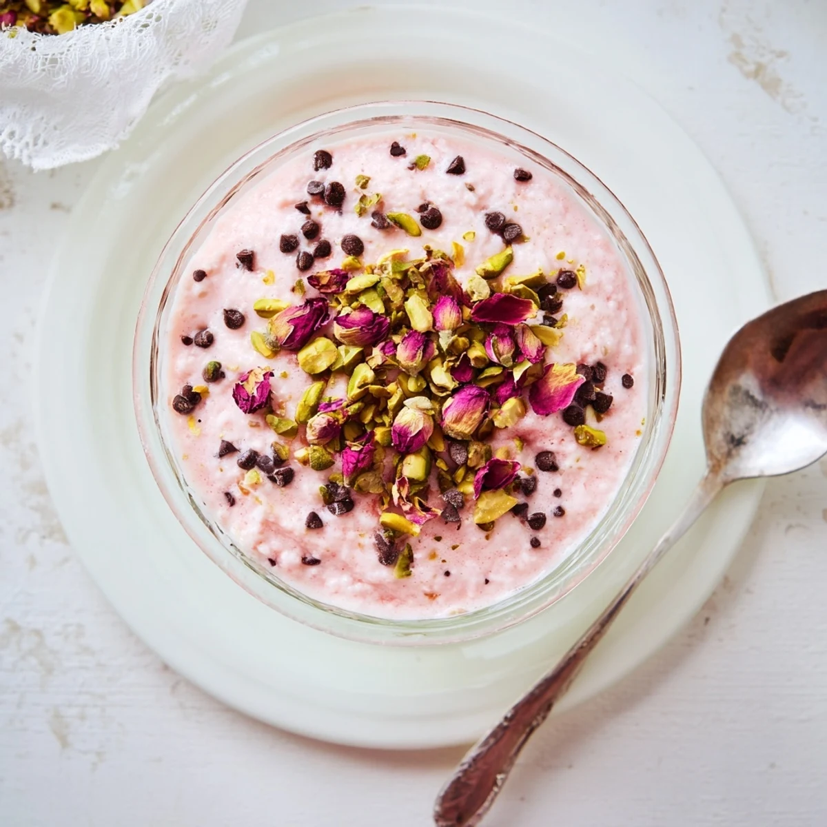 Sicilian watermelon pudding garnished with chopped pistachios and chocolate chips in clear glass serving dish