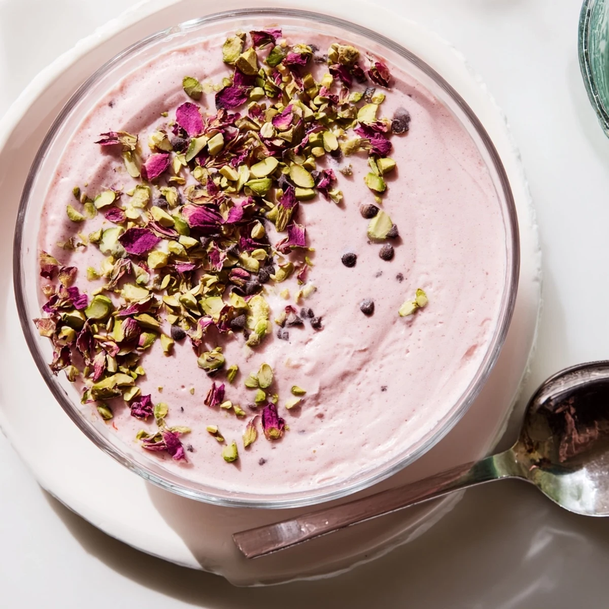 Traditional Sicilian watermelon pudding chilled in dessert cups with dark chocolate chips and nutty pistachio sprinkle