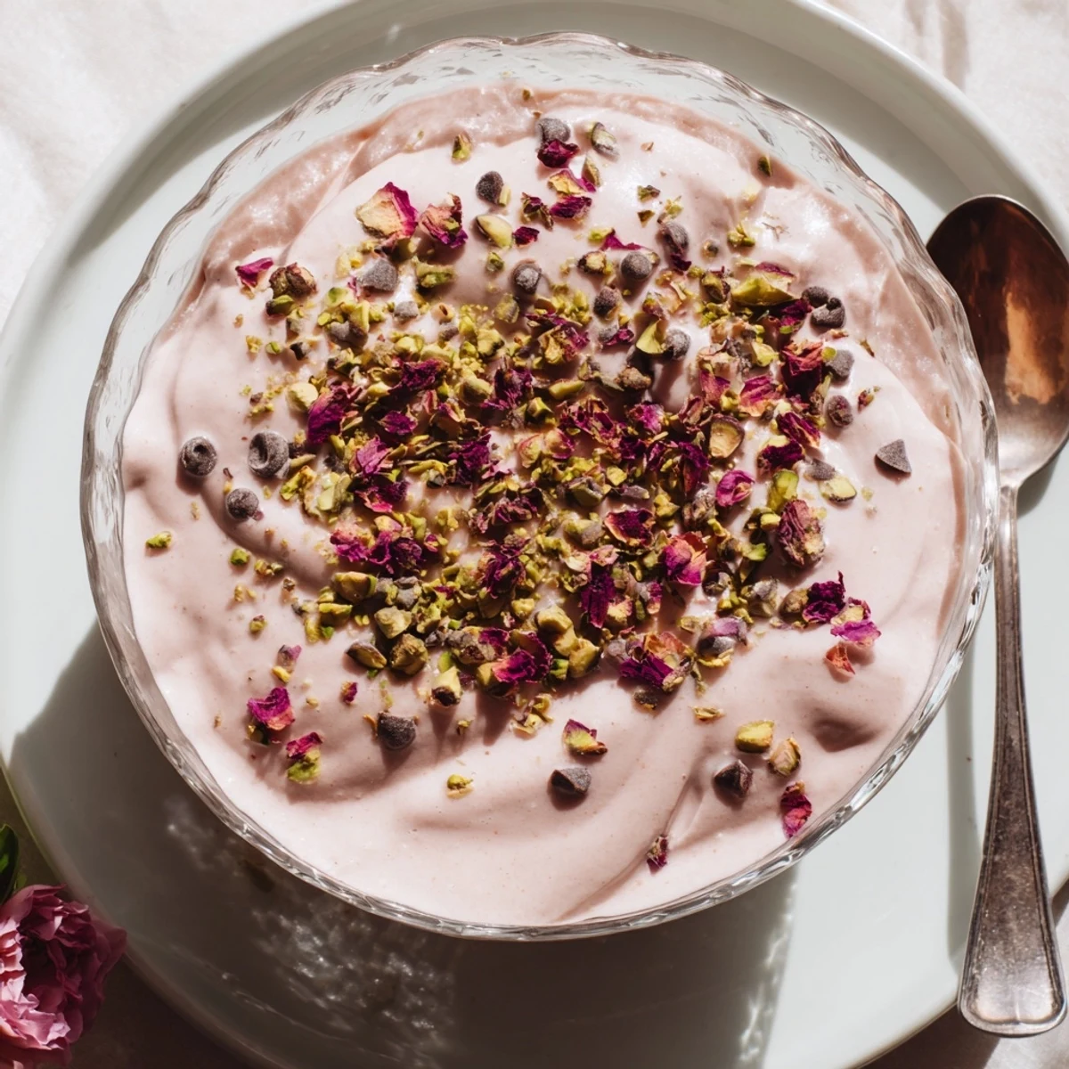 Creamy pink Gelo di Melone set in individual glasses topped with green pistachios and rose petals