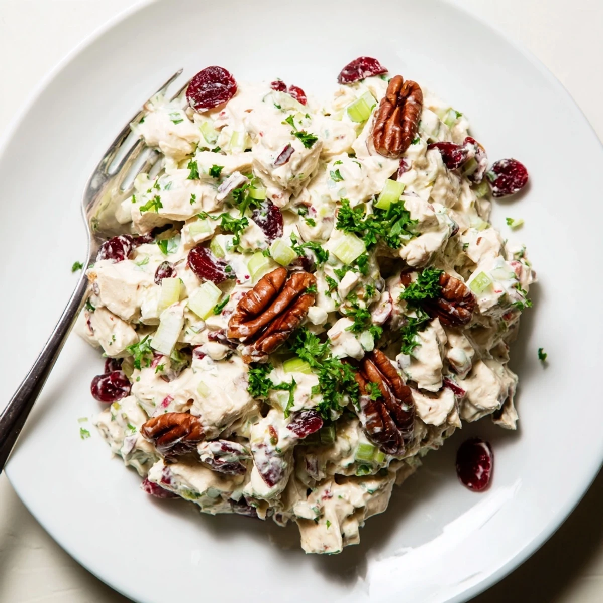 Cranberry pecan chicken salad recipe mounded on a bed of fresh green lettuce leaves for a light lunch