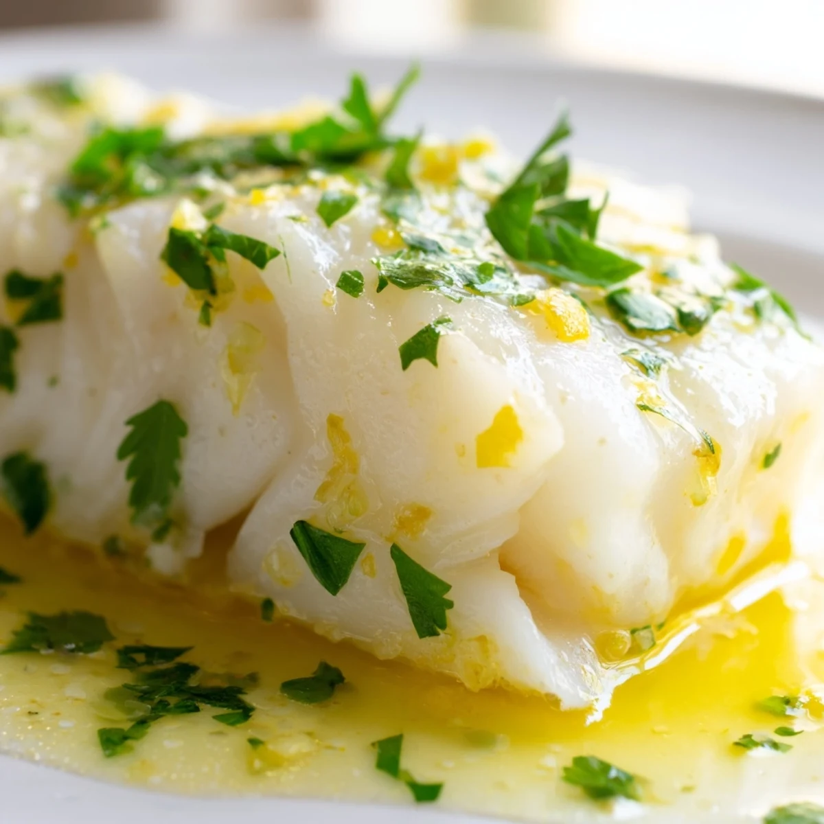 Golden lemon garlic butter cod fillets flake apart gently on a white plate, garnished with fresh parsley and lemon wedges