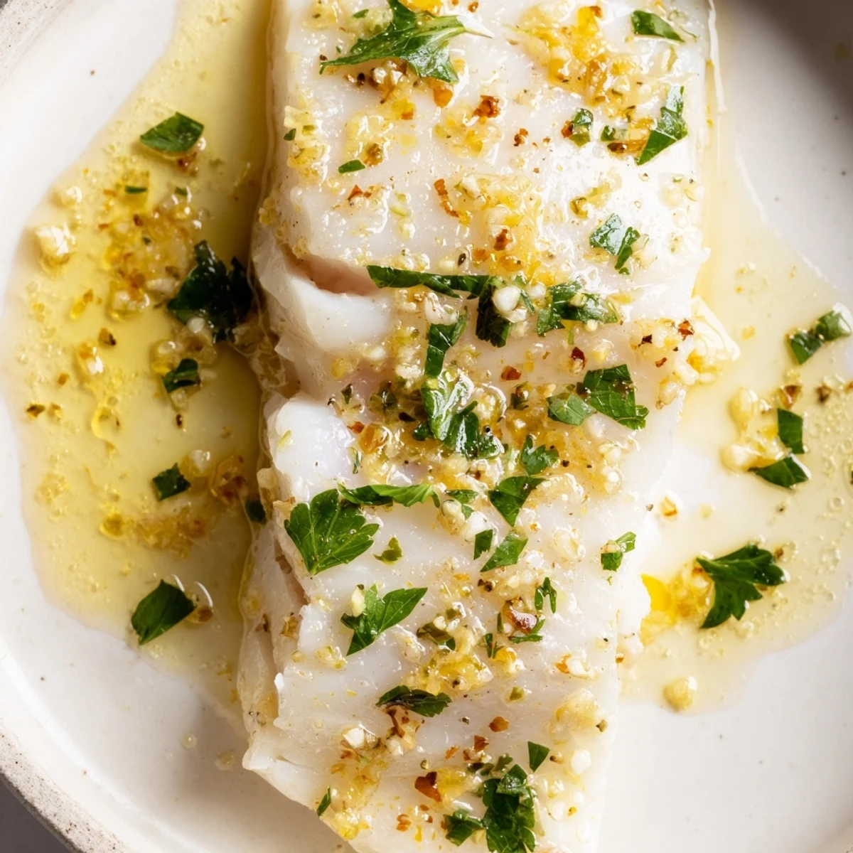 Pan-seared cod fillets simmer in bubbling lemon garlic butter sauce, their opaque white flesh ready for a fork-tasty weeknight dinner
