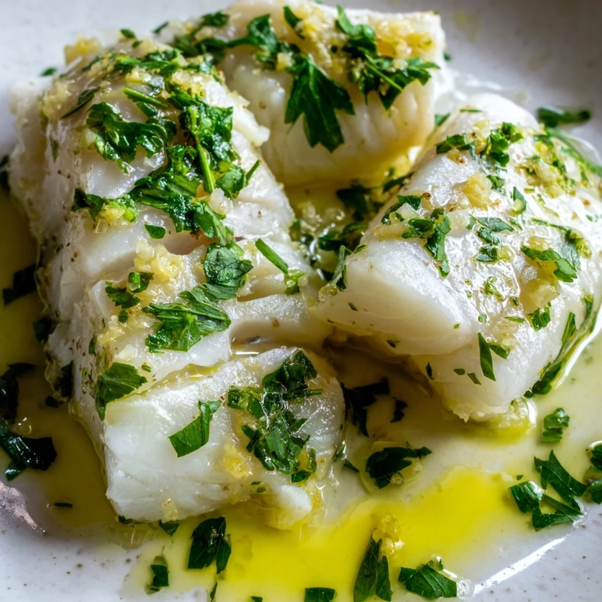 Perfectly cooked lemon garlic butter cod rests on a platter, topped with vibrant green parsley and served with extra sauce