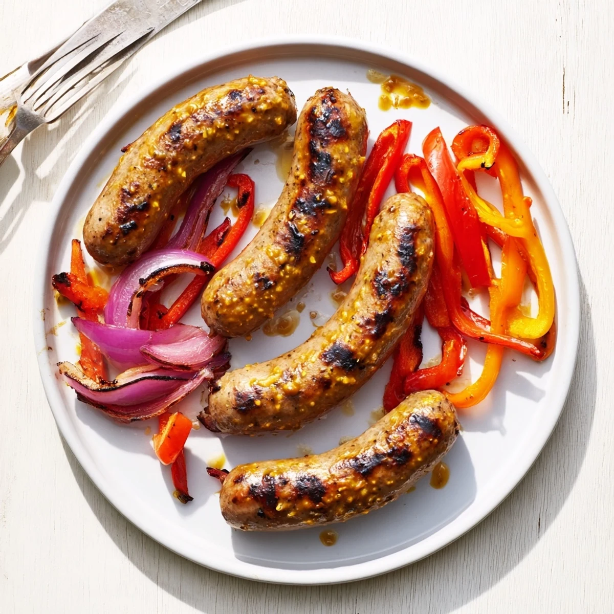 Golden grilled BBQ beef sausage with colorful peppers and onions coated in tangy mustard glaze