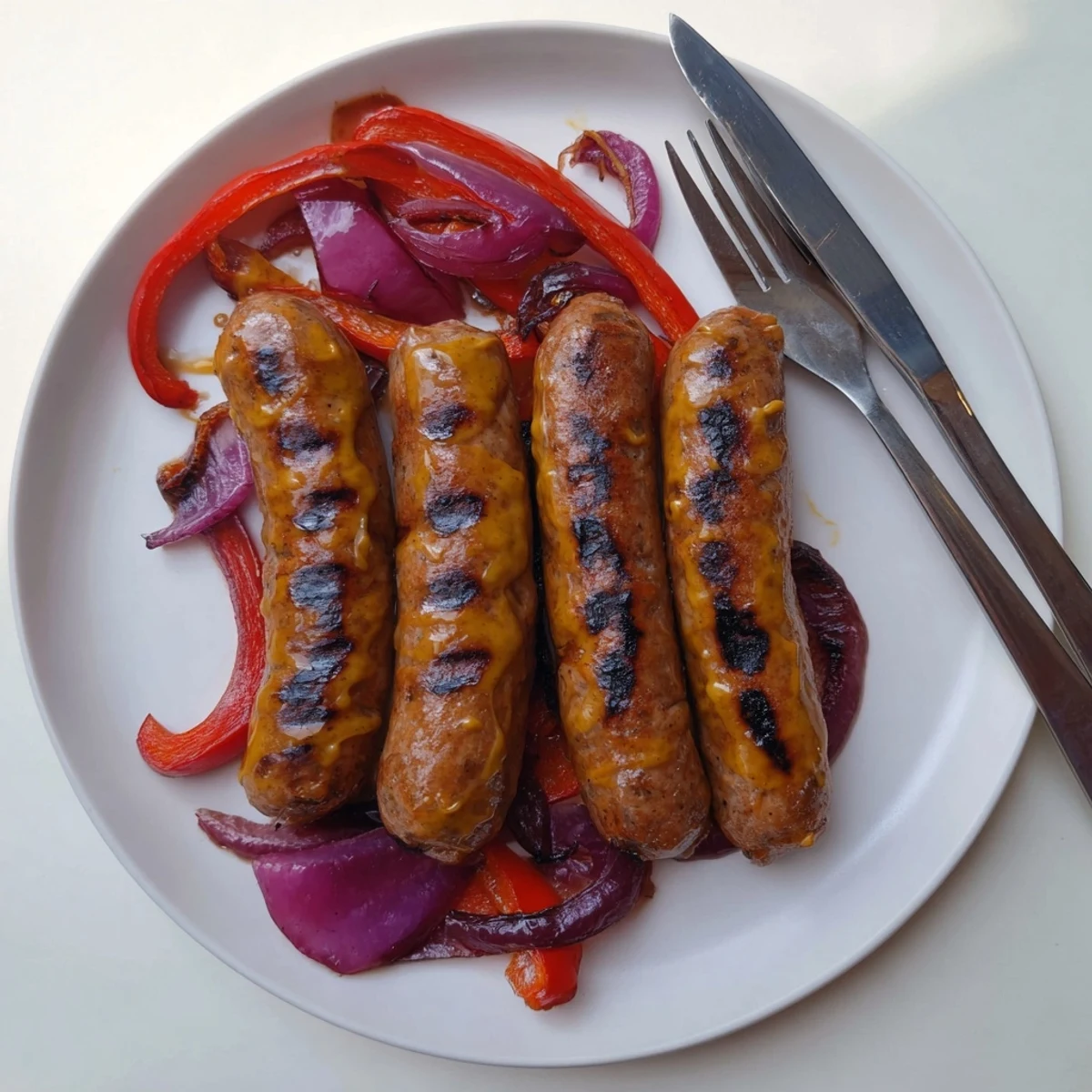 Juicy beef sausages on the grill served alongside caramelized peppers and onions with sweet honey mustard sauce