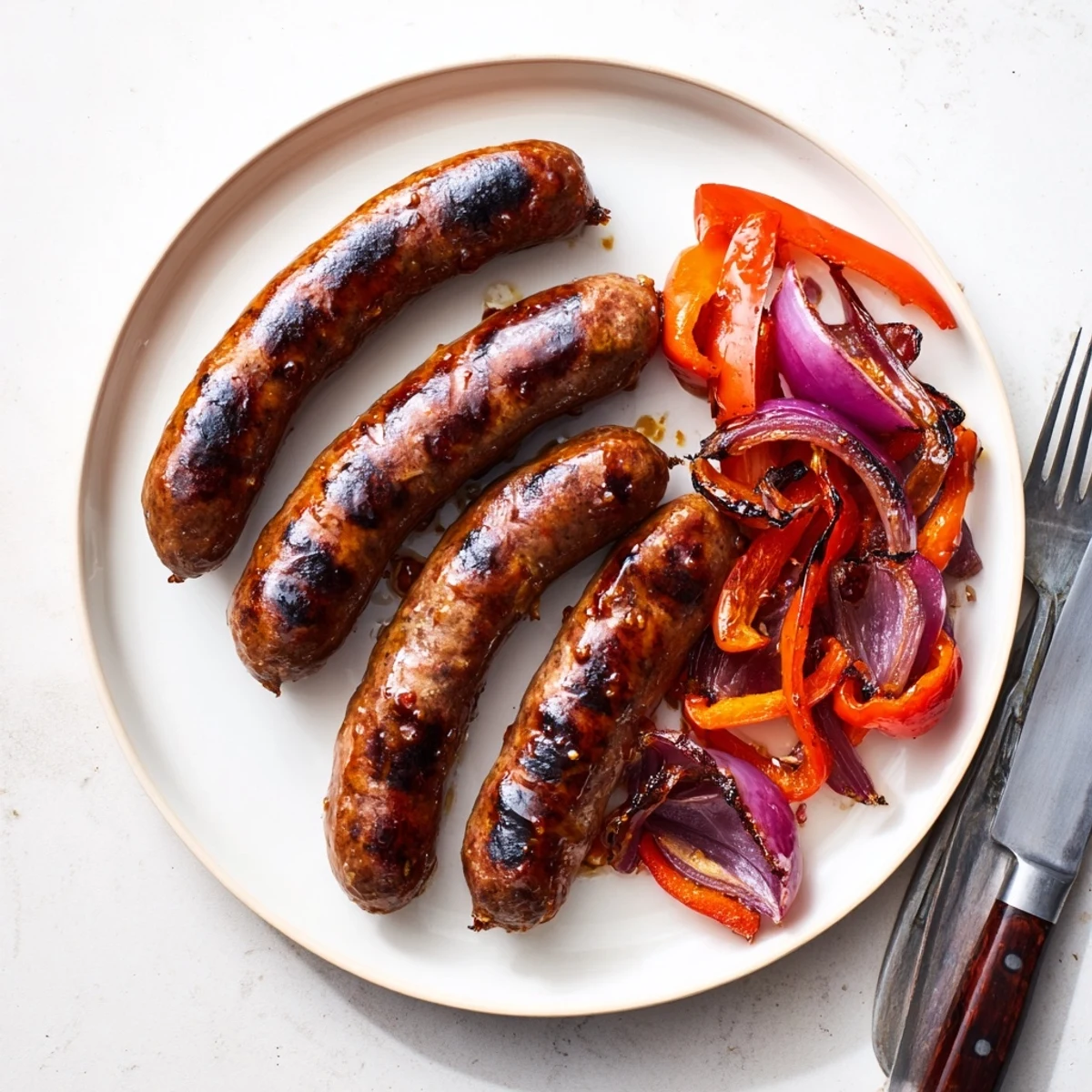 Plate of BBQ beef sausage topped with charred vegetables and brushed with savory Dijon mustard honey glaze