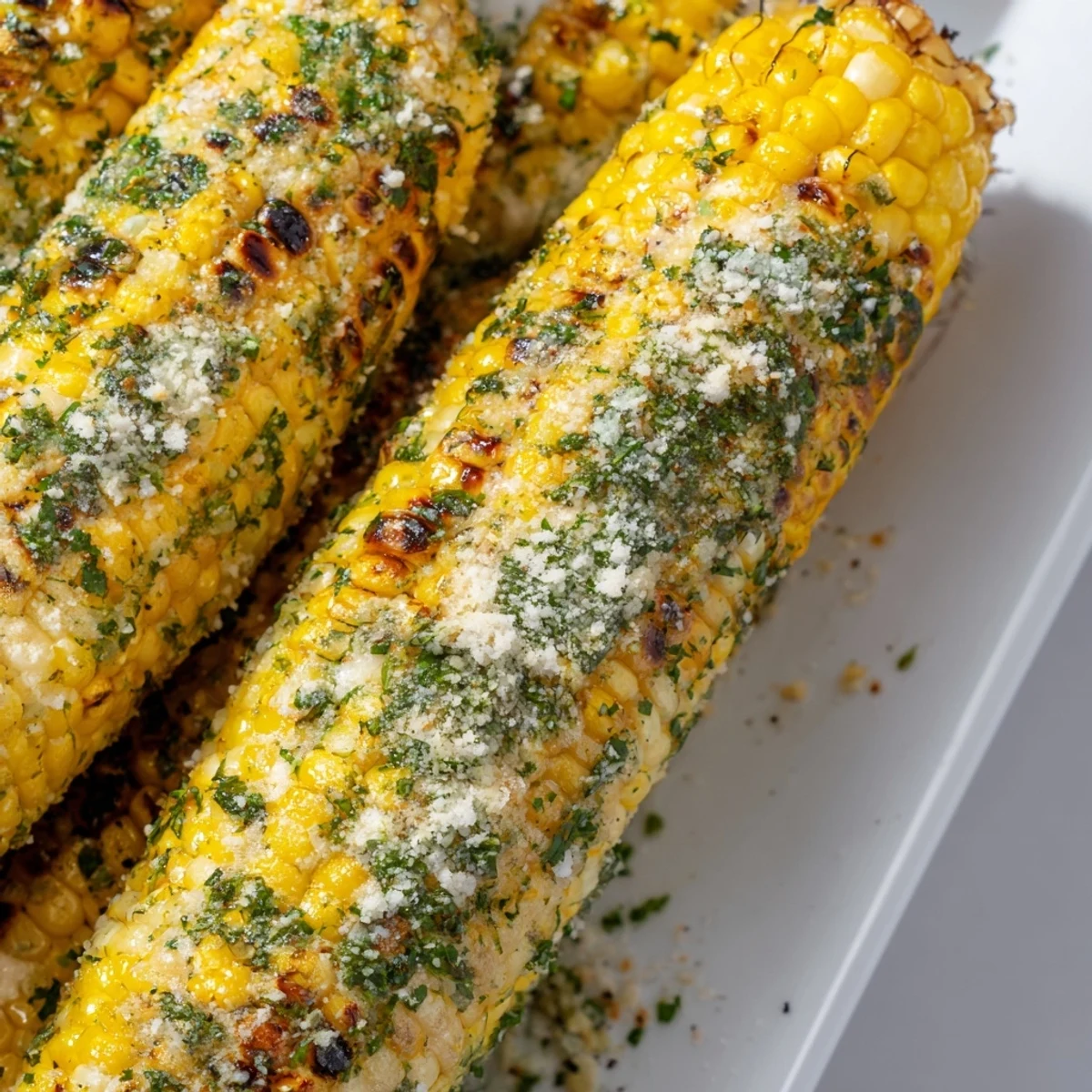 Charred sweet corn ears brushed with butter and sprinkled with savory parmesan ranch seasoning