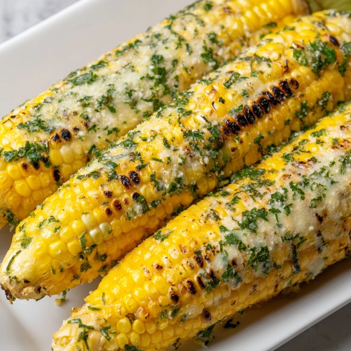 Golden grilled corn on the cob coated with zesty parmesan ranch herb mixture
