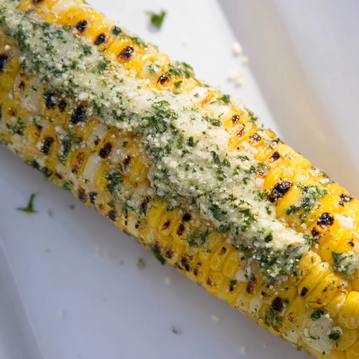 Flame-grilled corn on the cob topped with melted herb butter and parmesan ranch coating