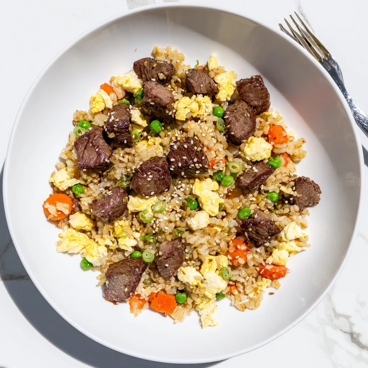 Steak fried rice featuring hibachi flavors with juicy beef, crisp veggies, and savory soy butter sauce