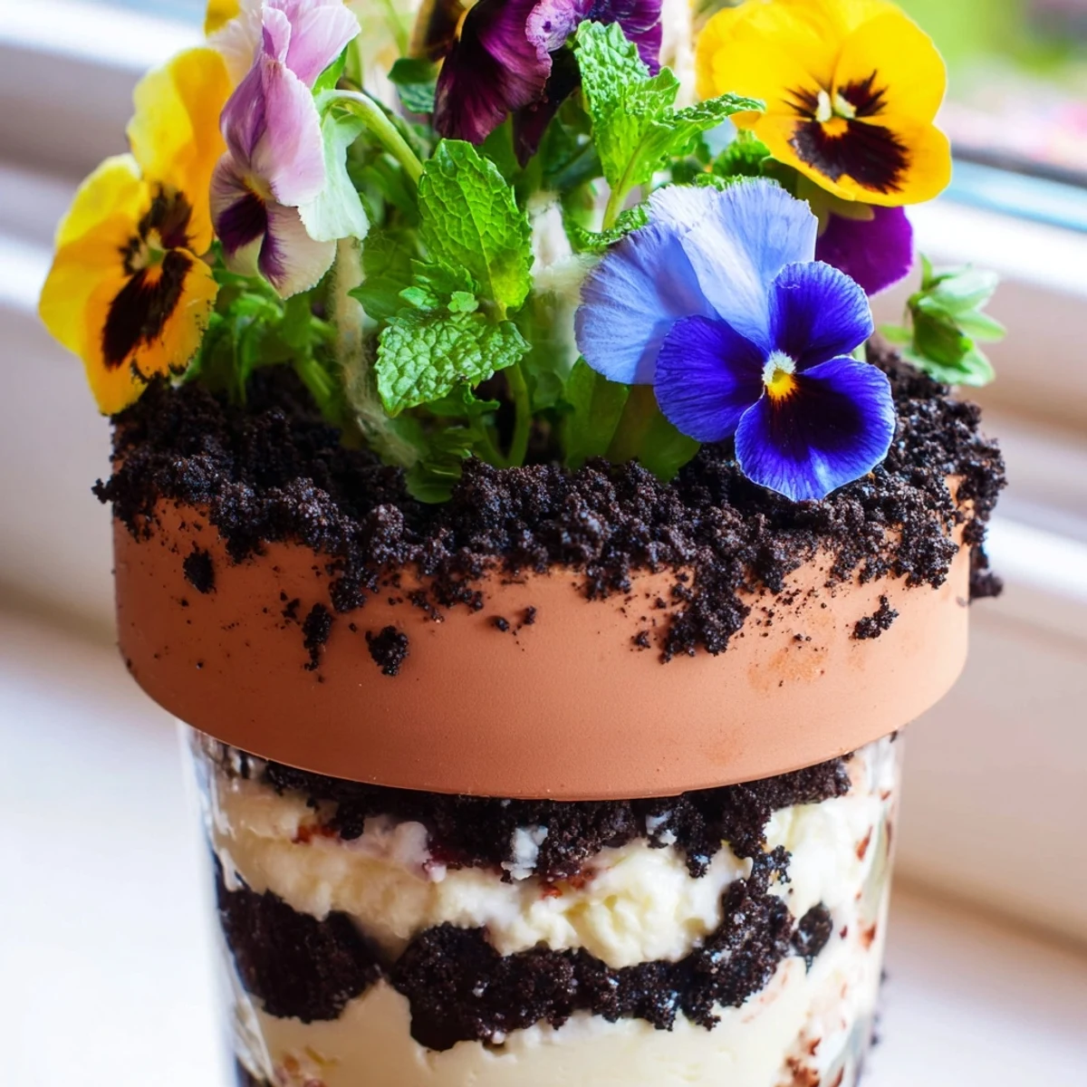 Chocolate edible potted floral garden dessert with cookie crumble soil and fresh flowers