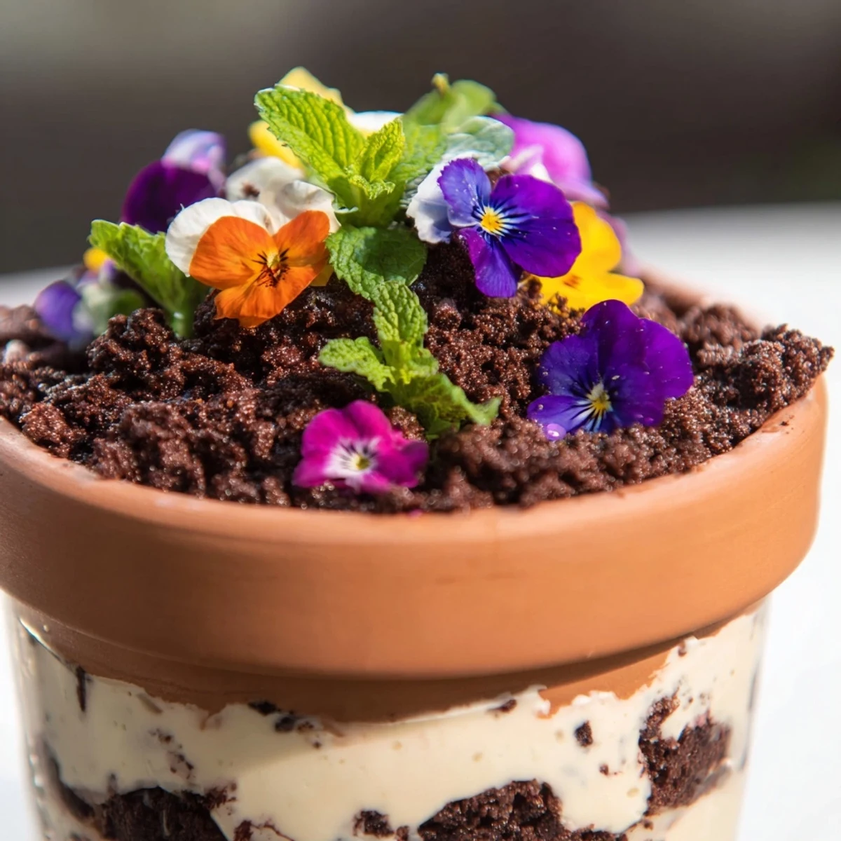 Beautiful edible potted floral garden dessert in flower pot with creamy filling and petals