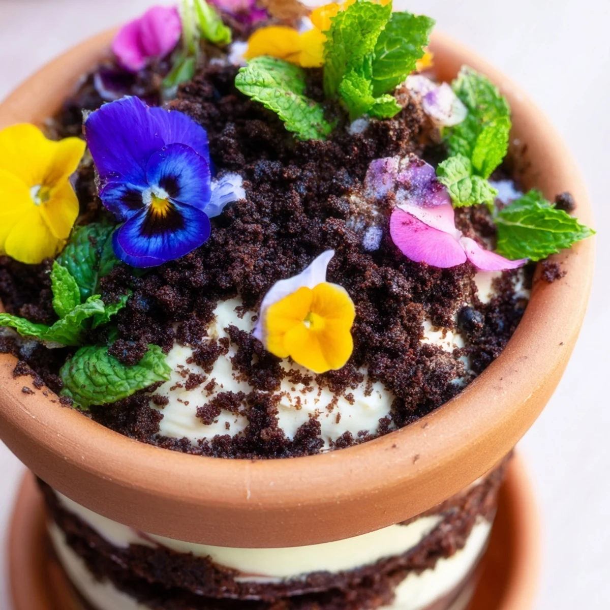 Whimsical edible potted floral garden featuring layered chocolate cake topped with colorful blooms