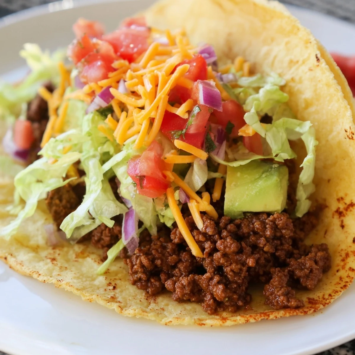 Golden corn tortillas overflowing with juicy seasoned ground beef tacos topped with fresh pico de gallo, cheese, and creamy avocado slices