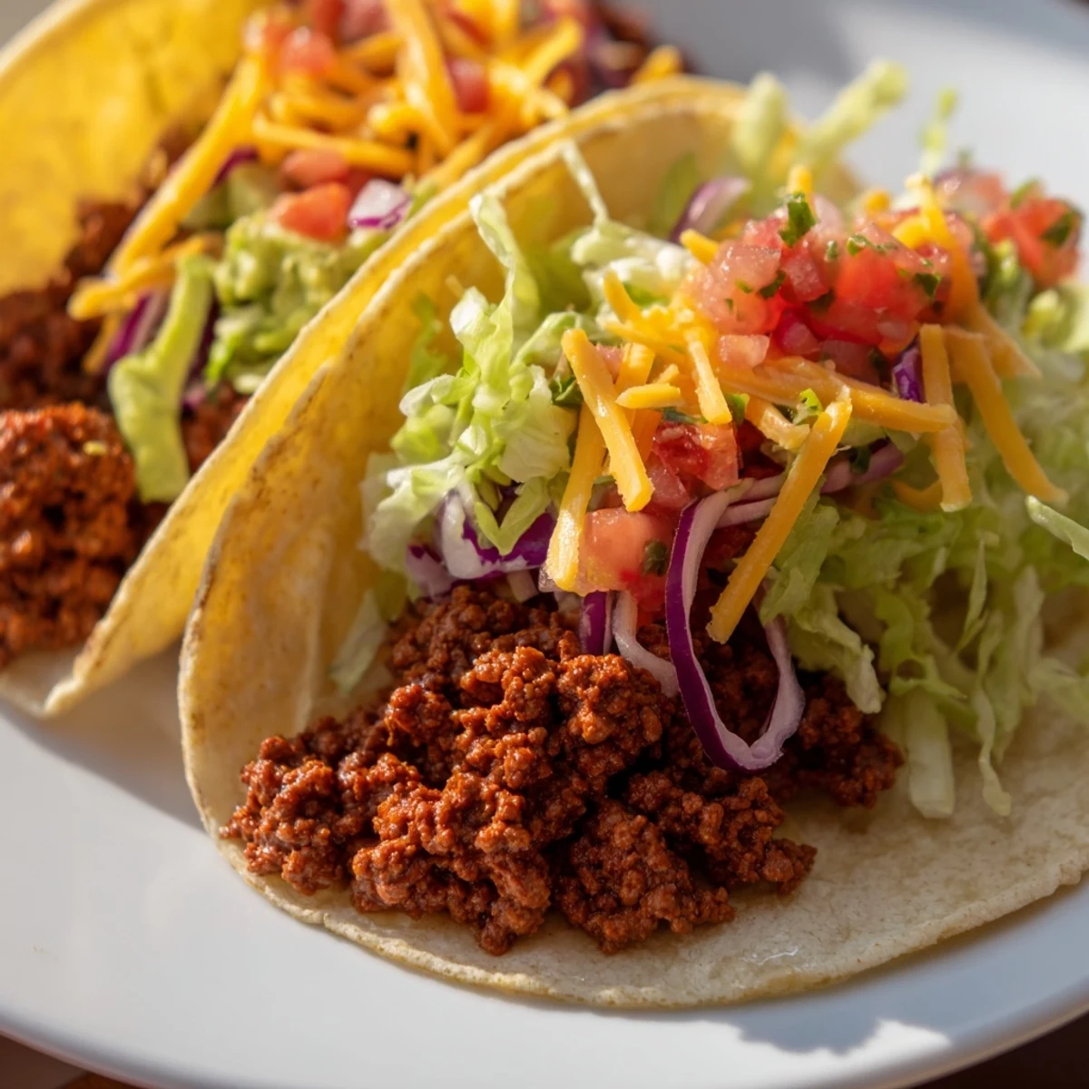 Platter of homemade ground beef tacos garnished with vibrant red tomato pico de gallo, shredded lettuce, and melted cheese