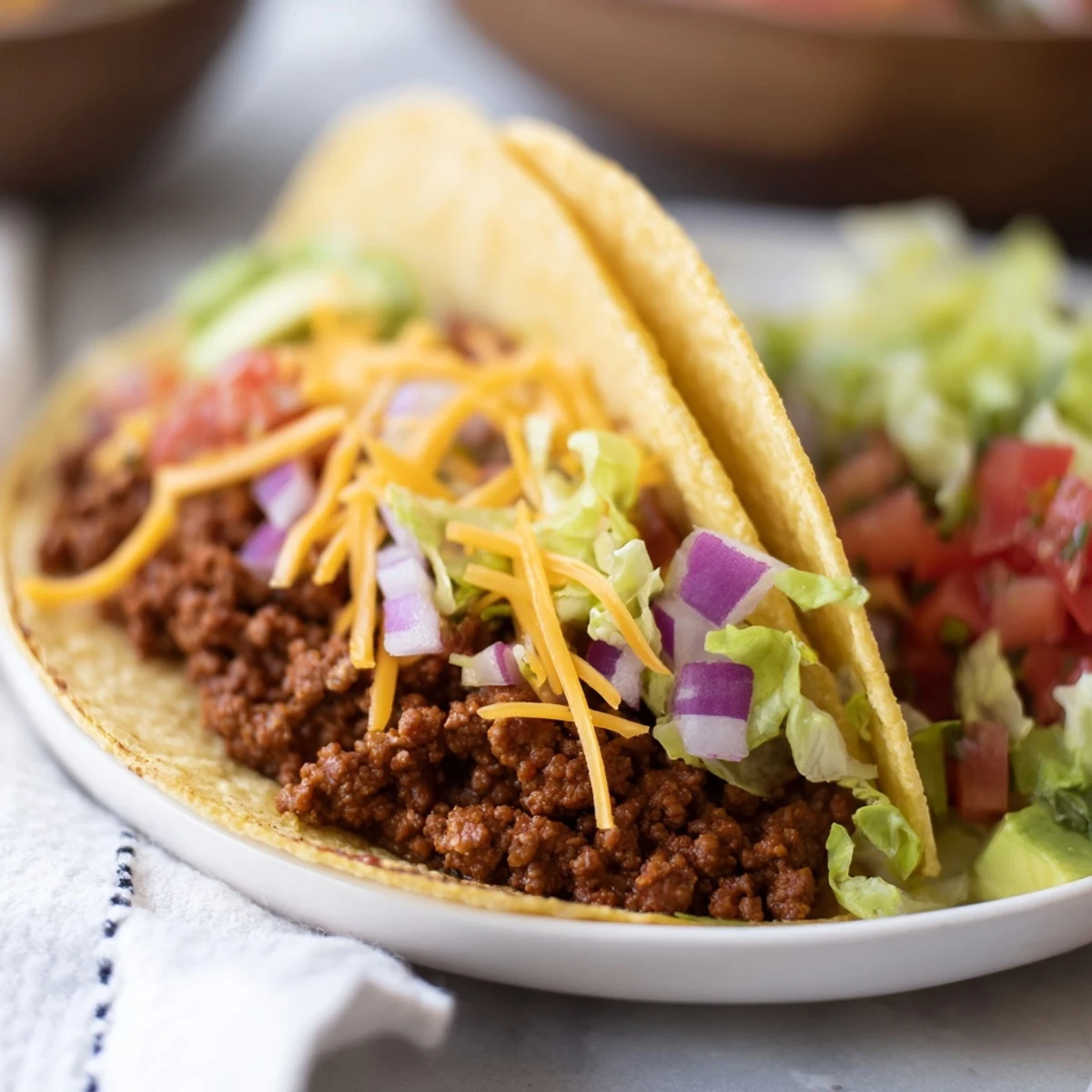 Mexican-style ground beef tacos in warm tortillas layered with zesty pico de gallo, crisp lettuce, and ripe avocado