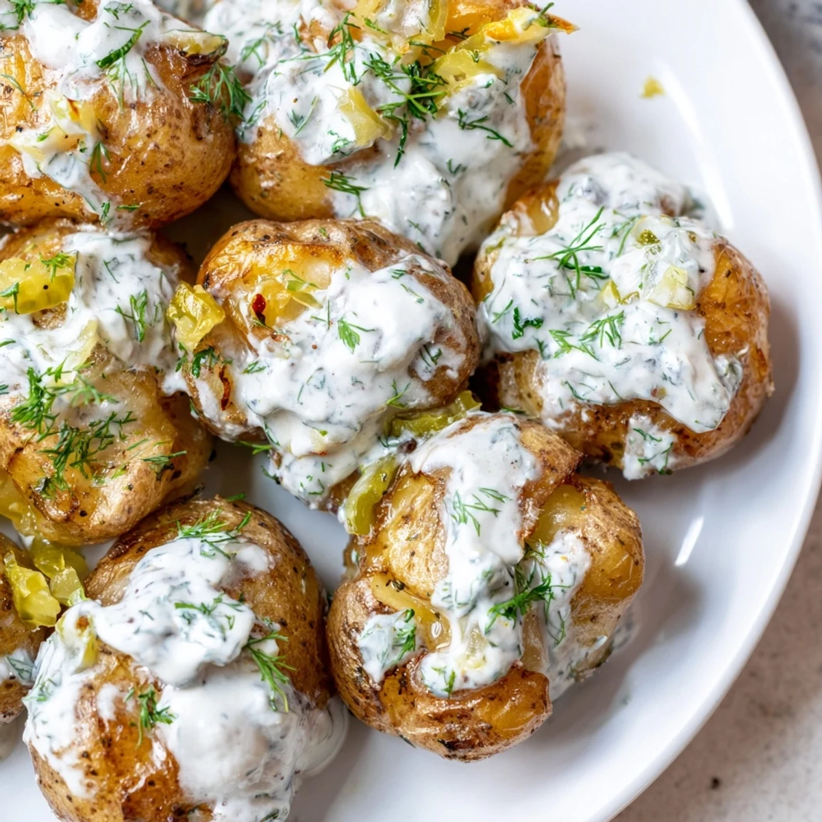 Golden smashed baby potatoes drizzled with creamy ranch and topped with chopped dill pickles