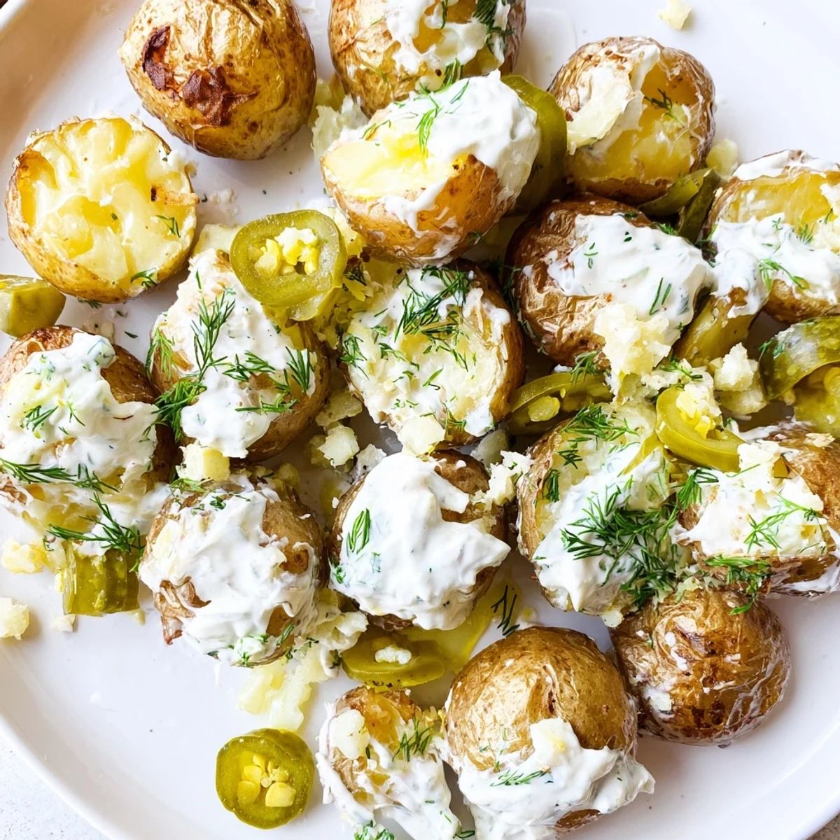 Crispy dill pickle ranch smash appetizer featuring smashed potatoes loaded with tangy toppings and fresh herbs