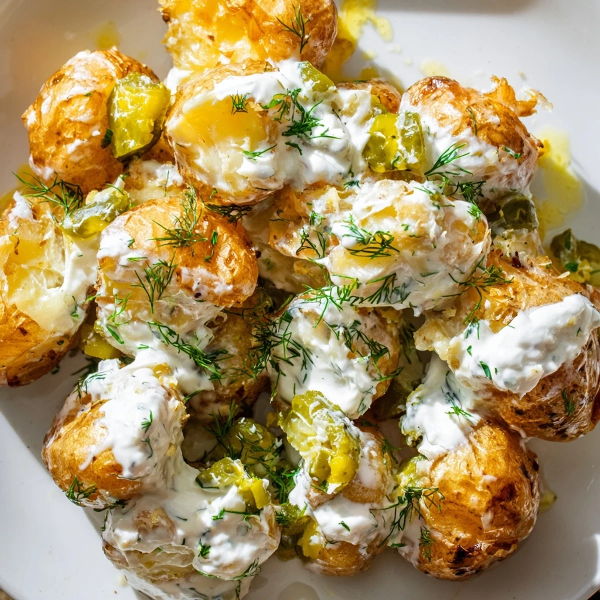 Oven-baked potato halves generously coated in ranch seasoning and finished with crunchy pickles and parmesan