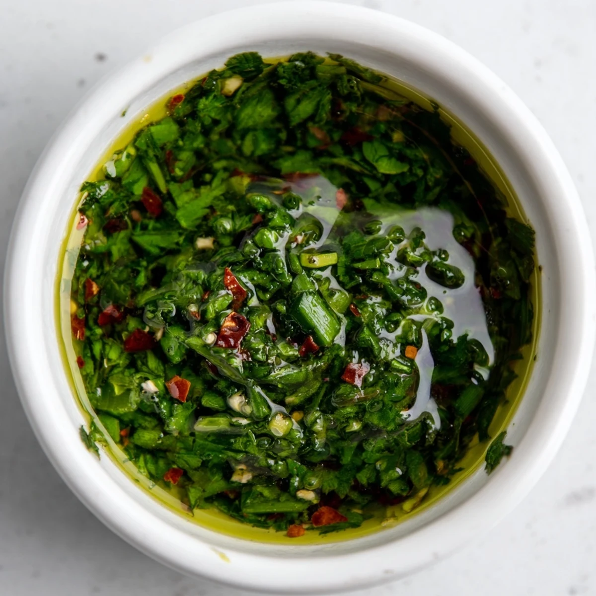 Vibrant green garlic scape chimichurri sauce drizzled generously over sizzling grilled steak