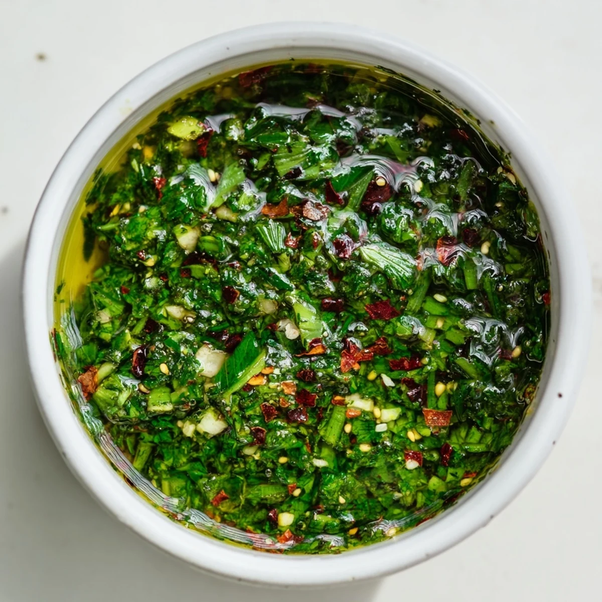 Fresh garlic scape chimichurri featuring bright herbs and olive oil in rustic bowl