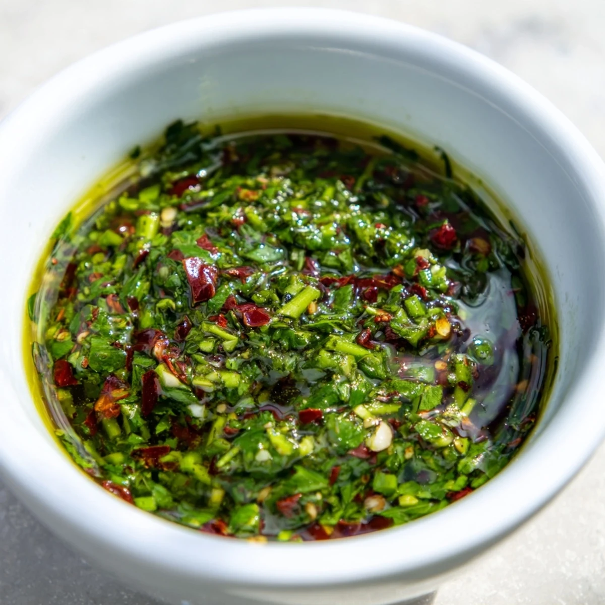 Texture-rich garlic scape chimichurri sauce spooned atop charred grilled vegetables and summer squash