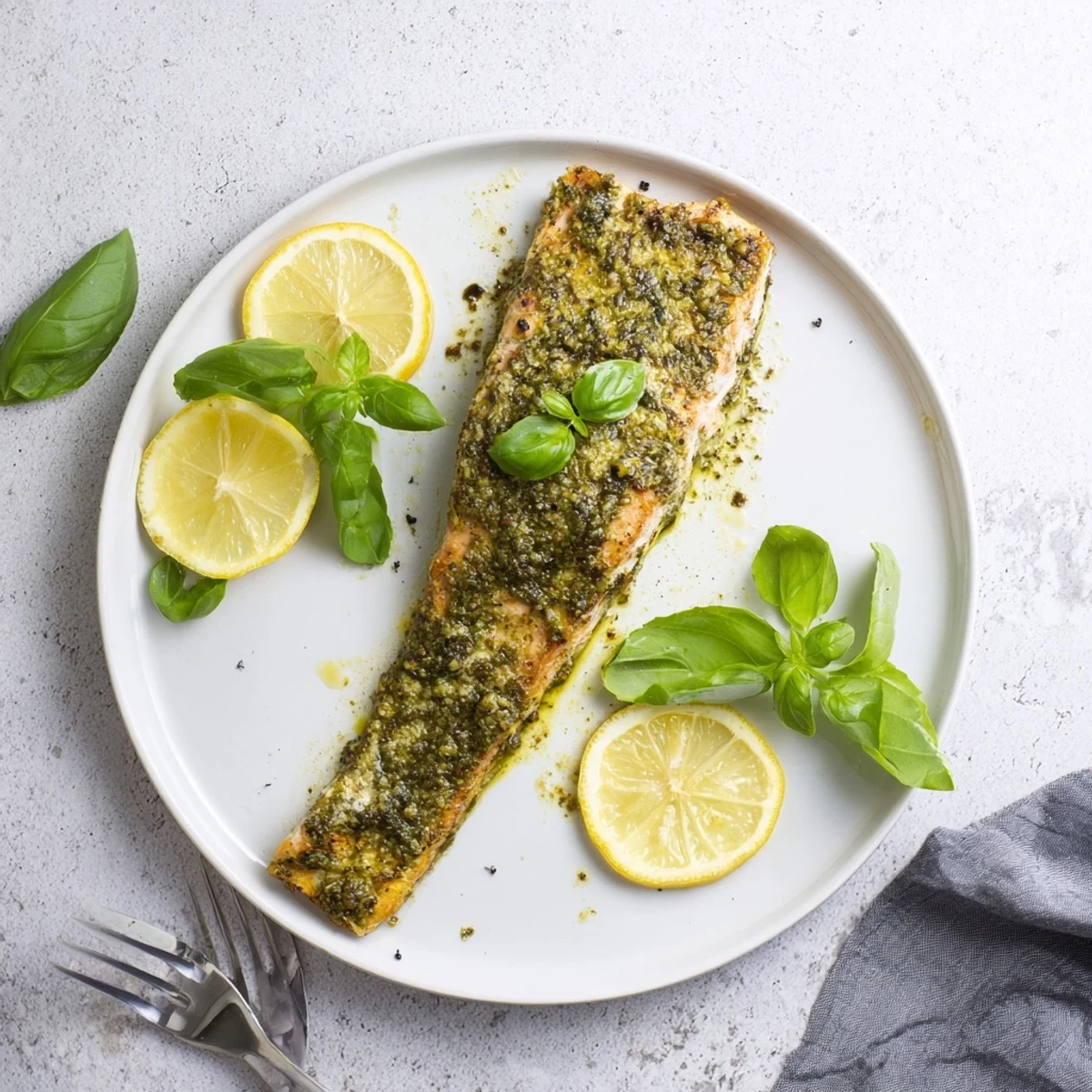 Golden oven-baked pesto butter salmon fillet topped with vibrant green herbs and melted butter