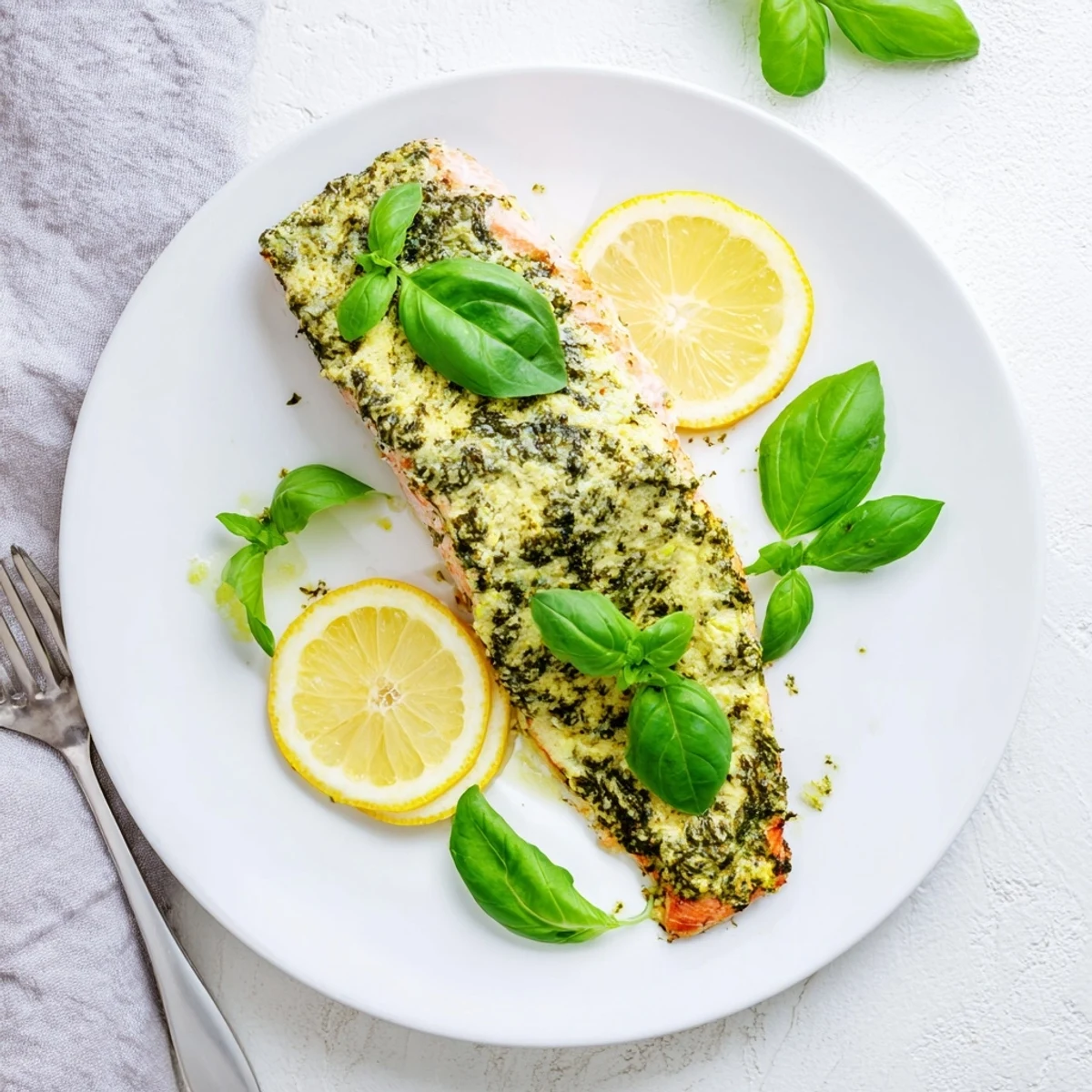 Italian-inspired salmon fillet baked with rich pesto butter and garnished with fresh lemon wedges
