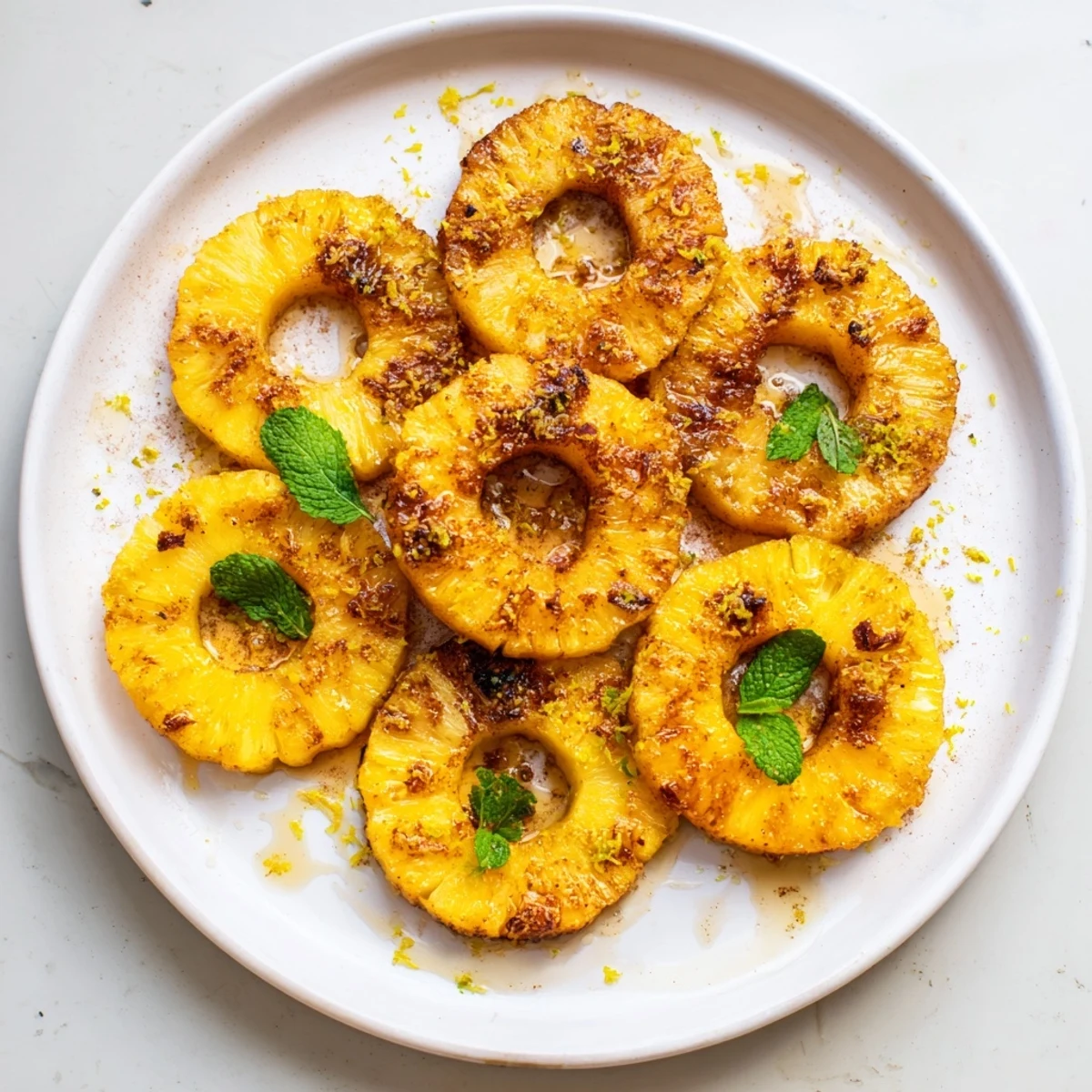 Golden caramelized air fryer pineapple rings sprinkled with cinnamon and brown sugar