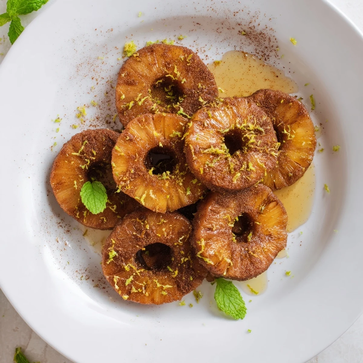 Warm air fryer pineapple dessert drizzled with honey and fresh chopped mint